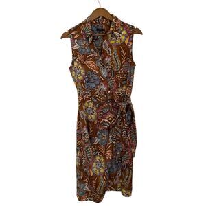 Drew Brown Paisley Floral Collared Wrap Dress Purple Yellow Mini Career Small